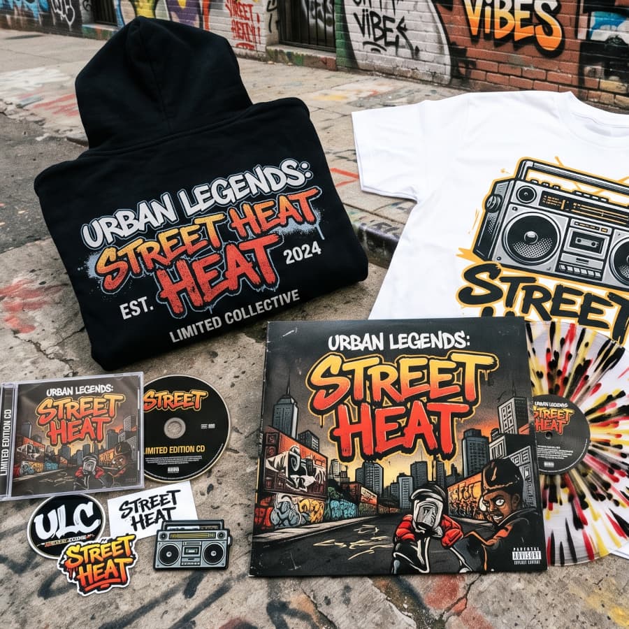 Limited-edition vinyl records and apparel laid out